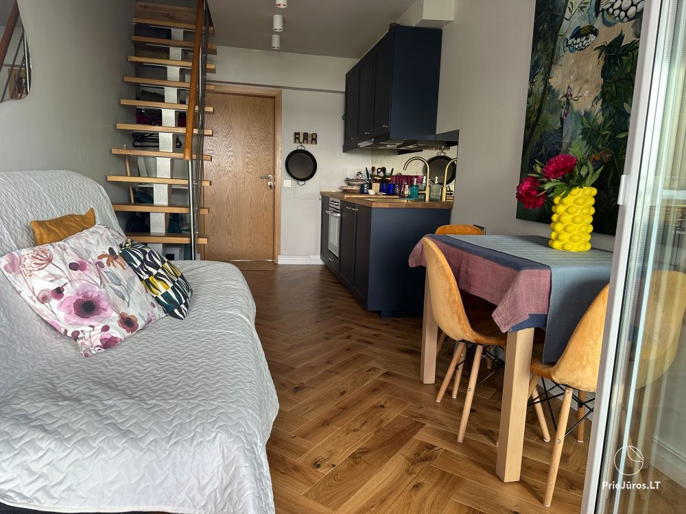 Stylowy apartament dla czterech osób w Pervalce nad brzegiem zalewu. Mieszkanie z tarasem dla dwóch osób w Juodkrante